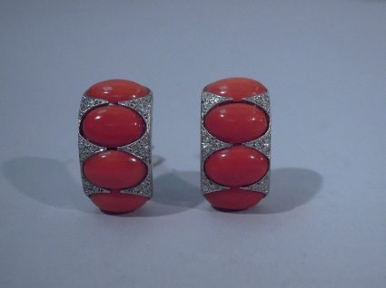 Pair Modern Diamond Platinum Coral Earrings C 1980