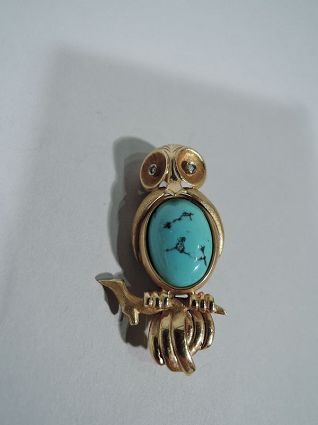 Delightful American 18K Gold and Turquoise Sage and Serene Owl Pin