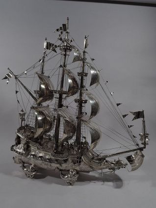 Large Antique German Baroque Silver 3-Mast Galleon Nef Wine Trolly