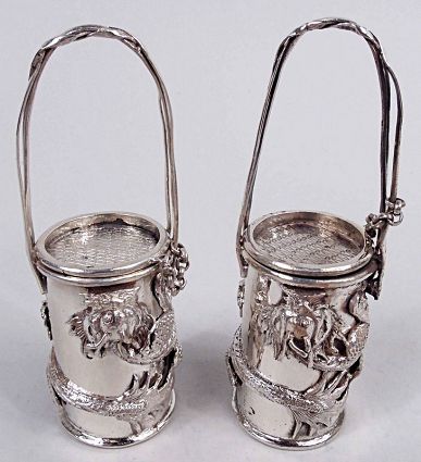 Pair of Antique Chinese Export Silver Hot & Spicy Dragon Mustard Pots