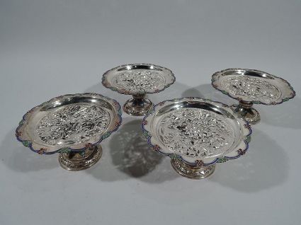 Set of 4 Antique Southeast Asian Silver and Enamel Compotes