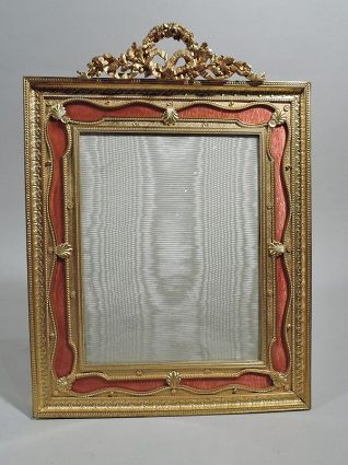 French Rococo Gilt Bronze Picture Frame with Enamel Ribbon Border