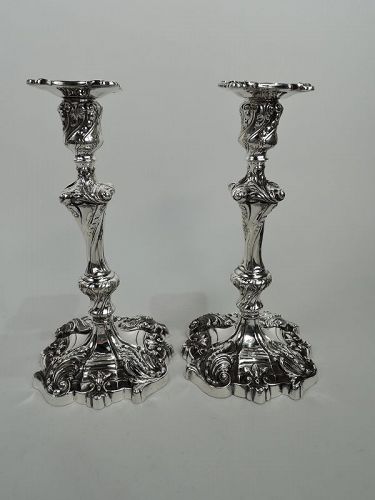 Pair of Antique Georgian Rococo Sterling Silver Candlesticks 1898