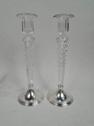 Pair of Antique American Edwardian Glass & Sterling Silver Candlestick