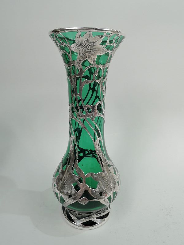 Tall Antique Art Nouveau Green Silver Overlay Vase by Alvin