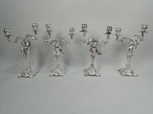 Two Pairs of German Art Nouveau Rococo Silver 2-Light Candelabra