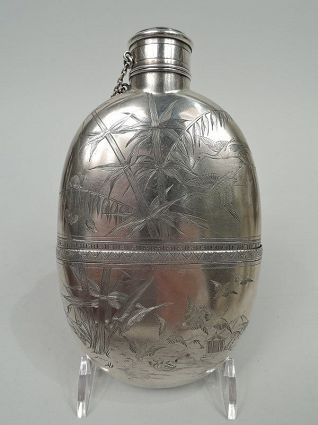 Gorgeous Gorham Japonesque Sterling Silver Flask with Cranes & Bamboo