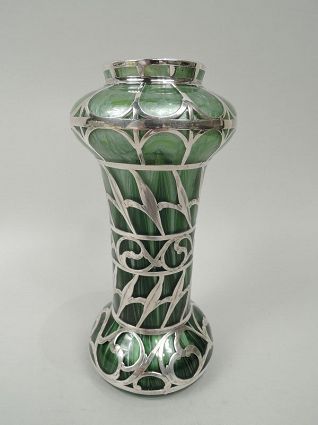 Loetz Titania Art Nouveau Green Silver Overlay Vase