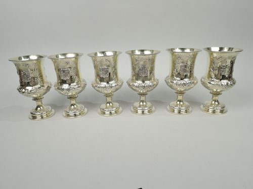 Set of 6 Fancy English Victorian Classical Silver Gilt Chalice Goblets