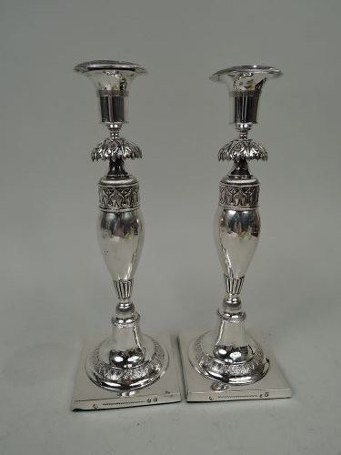 Pair of Antique German Biedermeier Classical Silver Candlesticks