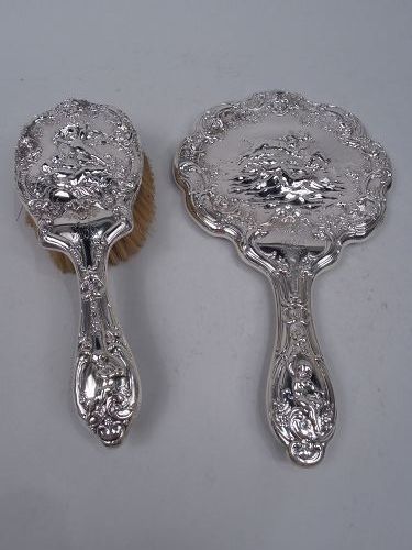 Antique Gorham Edwardian Classical Sterling Silver Mirror & Brush Pair