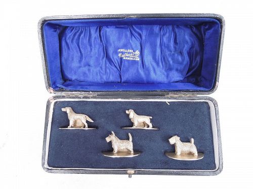 Set of 4 English Gilt Sterling Silver Canine Medley Place Card Holders