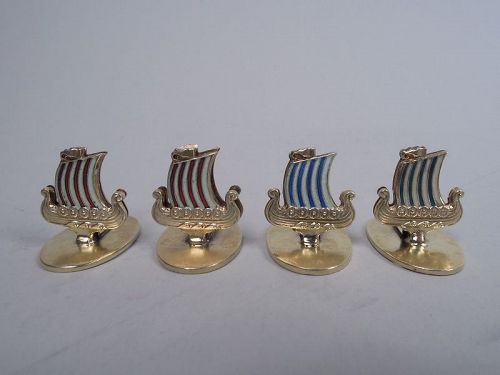 Set of 4 David Andersen Enameled Viking Longship Place Card Holders