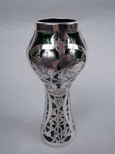 Antique Alvin Art Nouveau Green Silver Overlay Vase