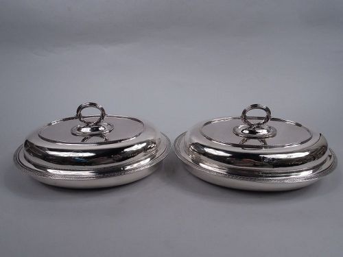 Pair of Early Tiffany Etruscan Sterling Silver Covered Serving Dishes