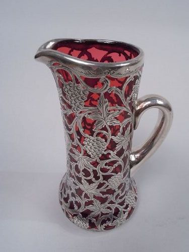 Alvin American Art Nouveau Red Silver Overlay Claret Jug