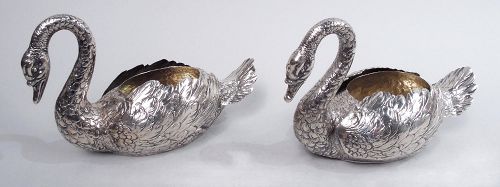 Pair of German Silver Swans with Hinged Wings by Gebrüder Neumann