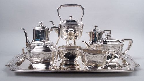 Tiffany Engraved Hampton Art Deco Coffee & Tea Set on Tray