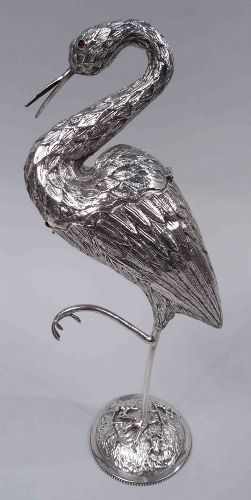 Dutch Silver Bird Spice Box of Egret Standing on One Leg