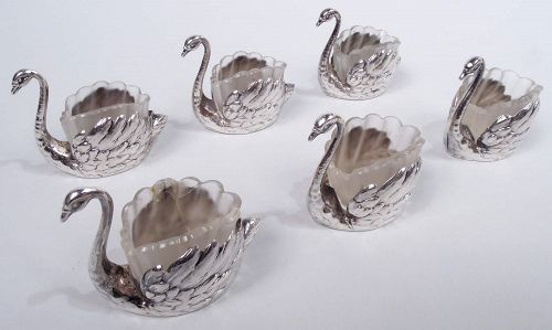 Set of 6 Antique German Silver Swan Bird Salts with Glass Liners