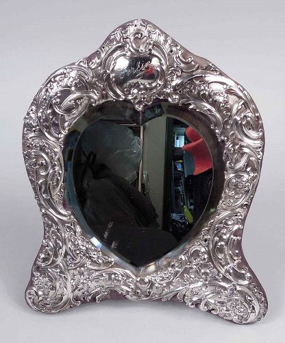 Comyns English Edwardian Rococo Sterling Silver Heart Mirror 1907