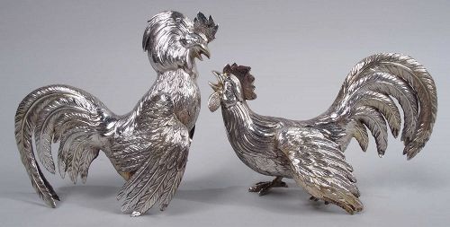 Pair of Antique German Silver Flamboyant Flouncy Fowl