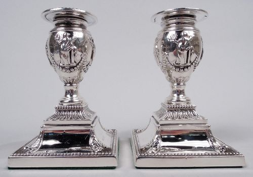 Pair of English Victorian Classical Sterling Silver Candlesticks 1881