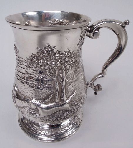 English Georgian Sterling Silver Mug with Victorian Rural Scene 1759