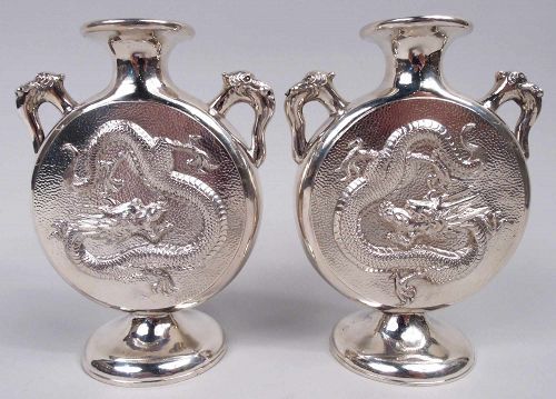 Pair of Wang Hing Chinese Export Silver Dragon Moon Vases